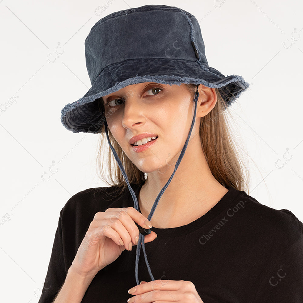 C.C Washed Denim Bucket Hat Detachable Drawstring 3" Brim 100% Cotton
