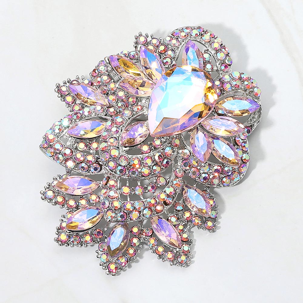 Madeline Love AB, Pink, Silver Bold Rhinestone Flower Statement Brooch Pendant - Brooches
