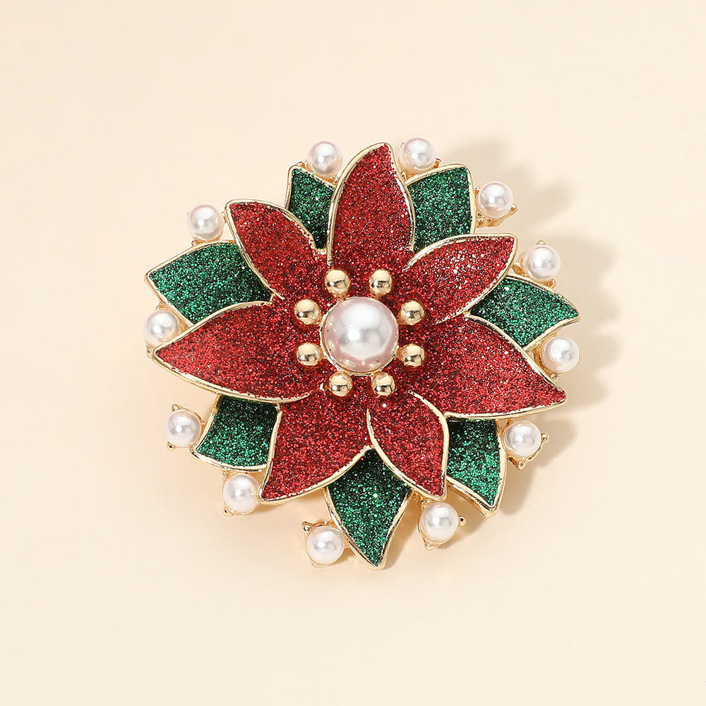 Madeline Love Gold, Multi Pearl Embellished Glitter Poinsettia Floral Pin Brooch