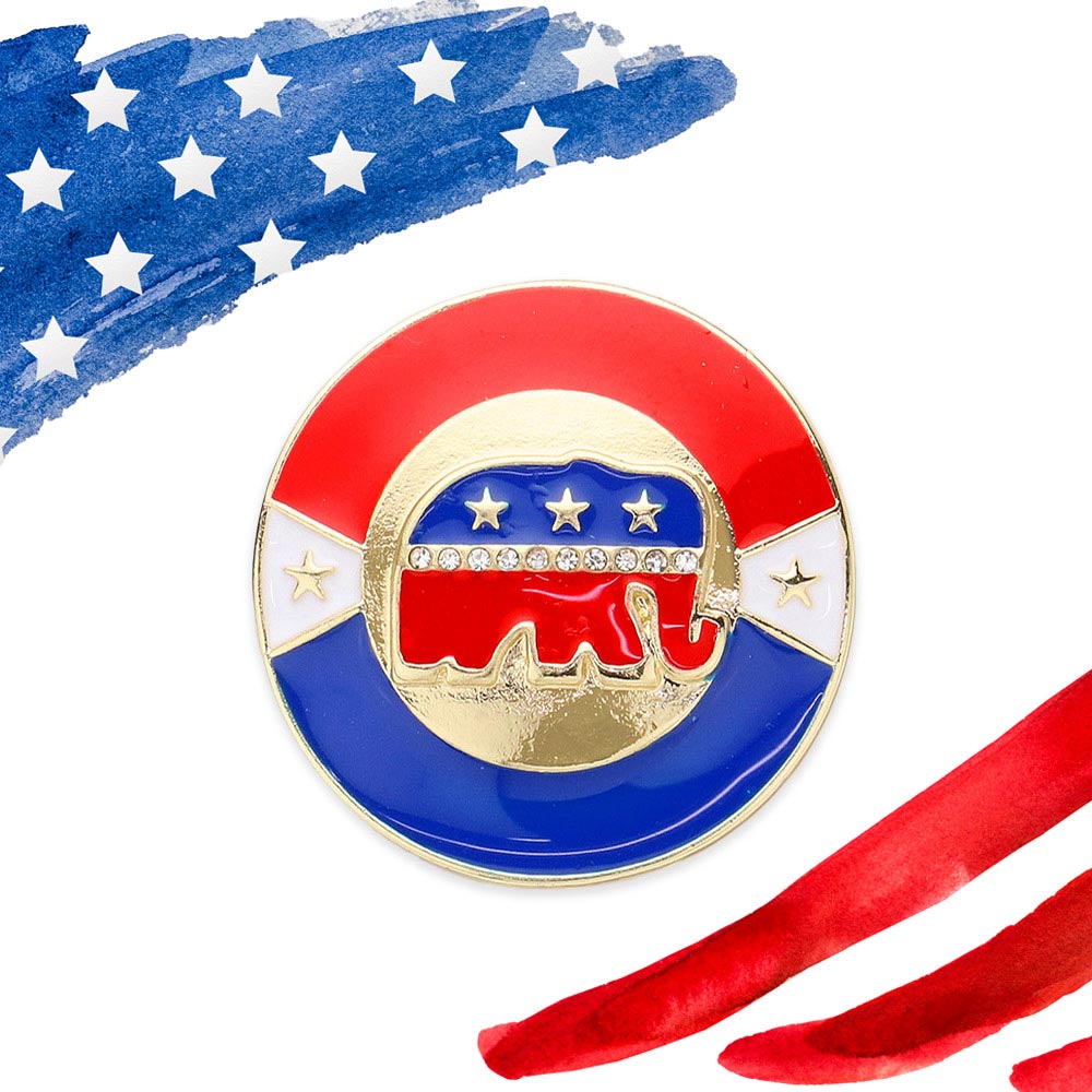 Madeline Love Gold, Multi Enamel Republican Elephant Round Pin Brooch - Brooches