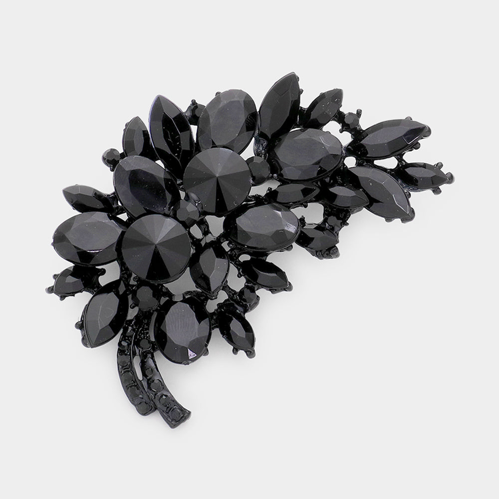 Madeline Love Jet Black Glass Crystal Floral Leaf Bouquet Pin Brooch