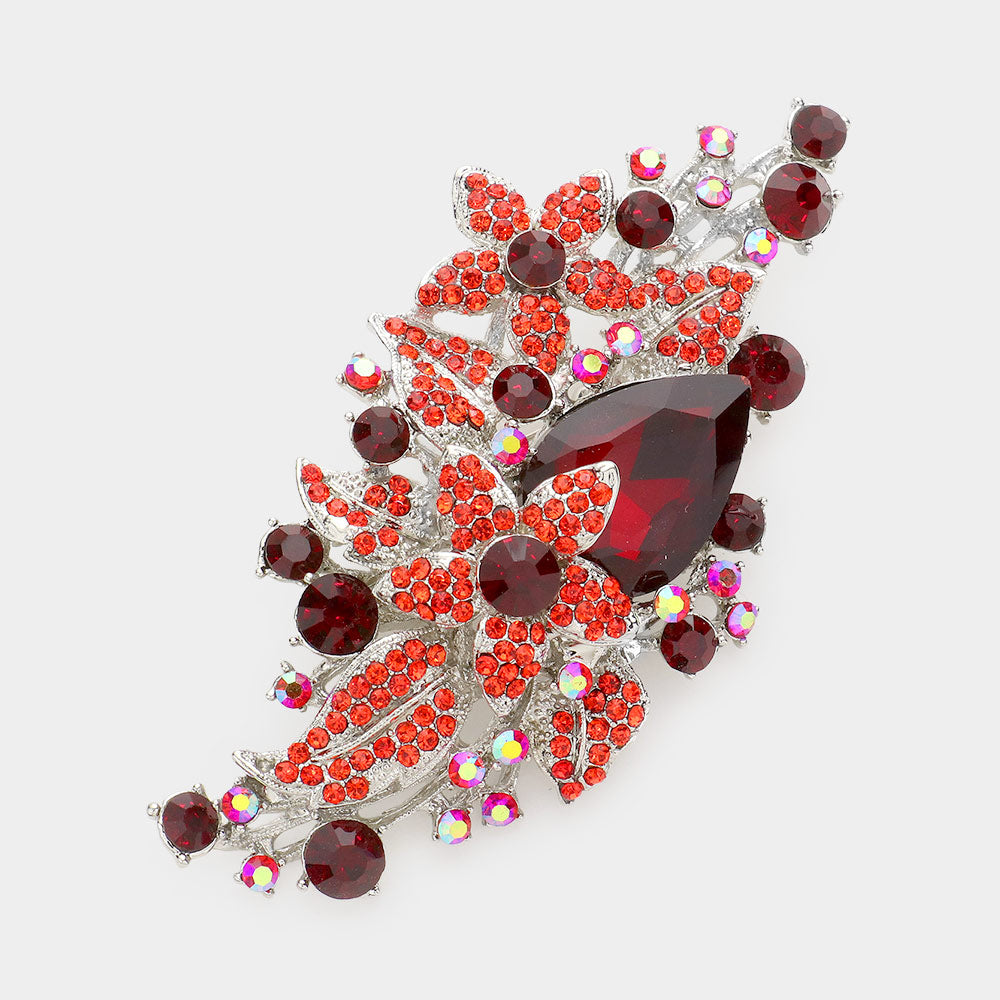 Madeline Love Red Flower Leaf Bouquet Crystal Rhinestone Brooch Pendant - Brooches