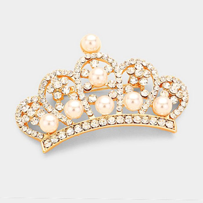 Madeline Love Gold, Cream, Clear Pave pearl crown brooch - Brooches