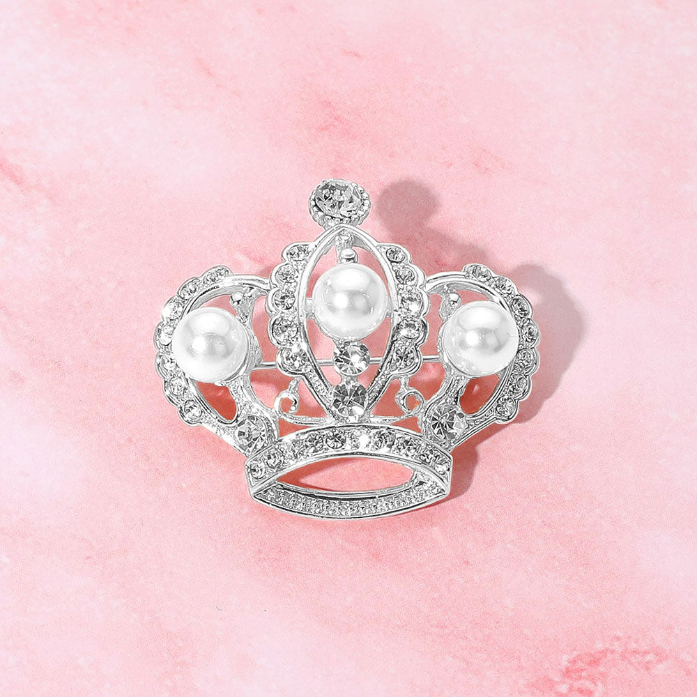 Madeline Love Silver Pearl Accent Stone Paved Regal Crown Pin Brooch - Brooches