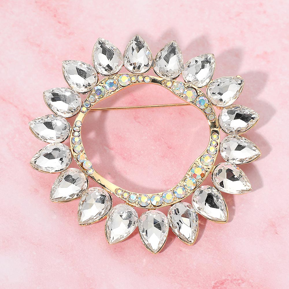 Madeline Love AB, Gold Teardrop Stone Cluster Halo Pin Brooch