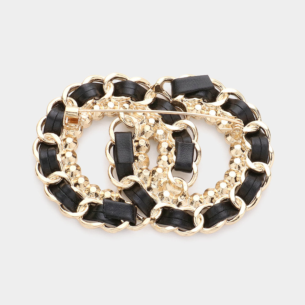 Madeline Love Black, Gold Stone Embellished Double Open Circle Link Pin Brooch - Brooches - desc
