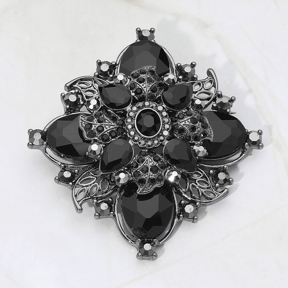 Madeline Love Black, Jet Black Bold Vintage Floral Rhinestone Pin Brooch - Brooches