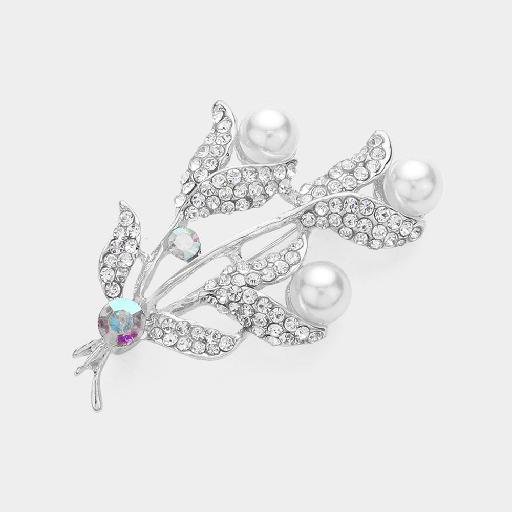Madeline Love Rhodium Pearl Pointed Stone Paved Tulip Pin Brooch