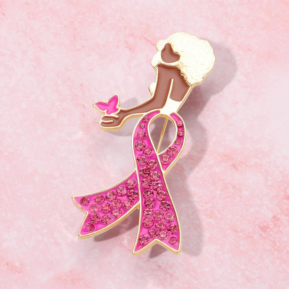Gold, Pink Stone Paved Pink Ribbon Enamel Afro Woman Pin Brooch