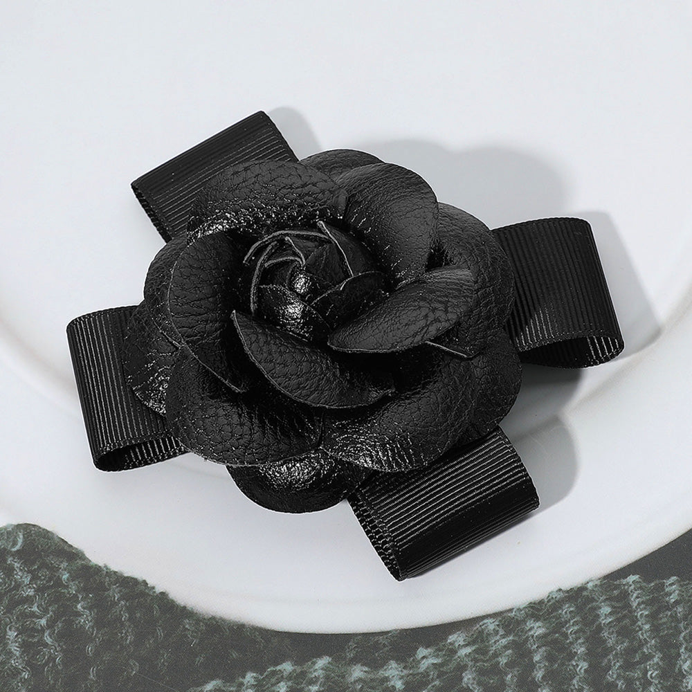 Madeline Love Black Faux Leather Flower Bow Pin Brooch Hair Clip - Brooches