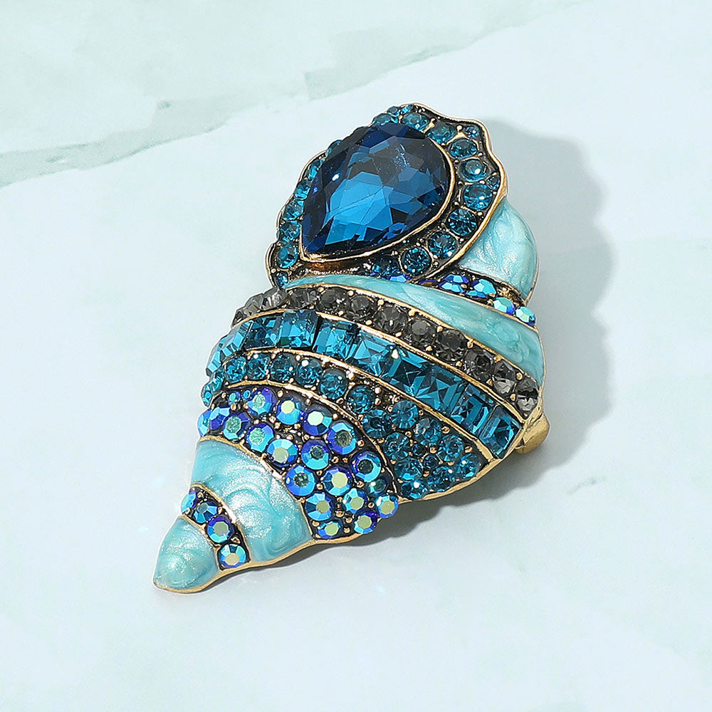 Blue Stone Embellished Enamel Conch Seashell Pin Brooch