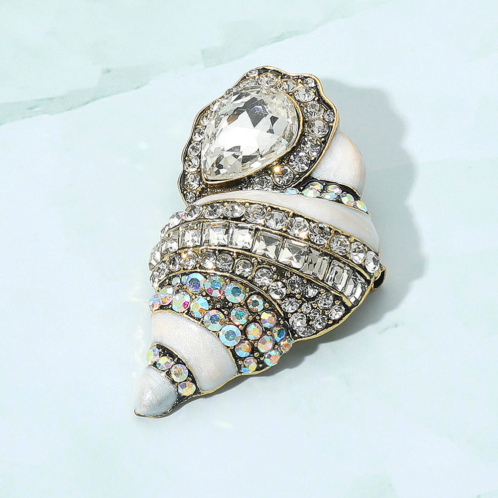 White Stone Embellished Enamel Conch Seashell Pin Brooch