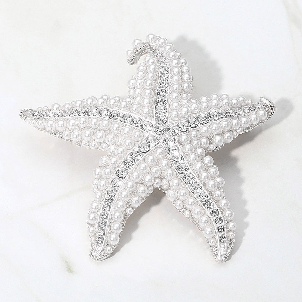 Madeline Love Rhodium Pearl Rhinestone Embellished Starfish Pin Brooch - Brooches