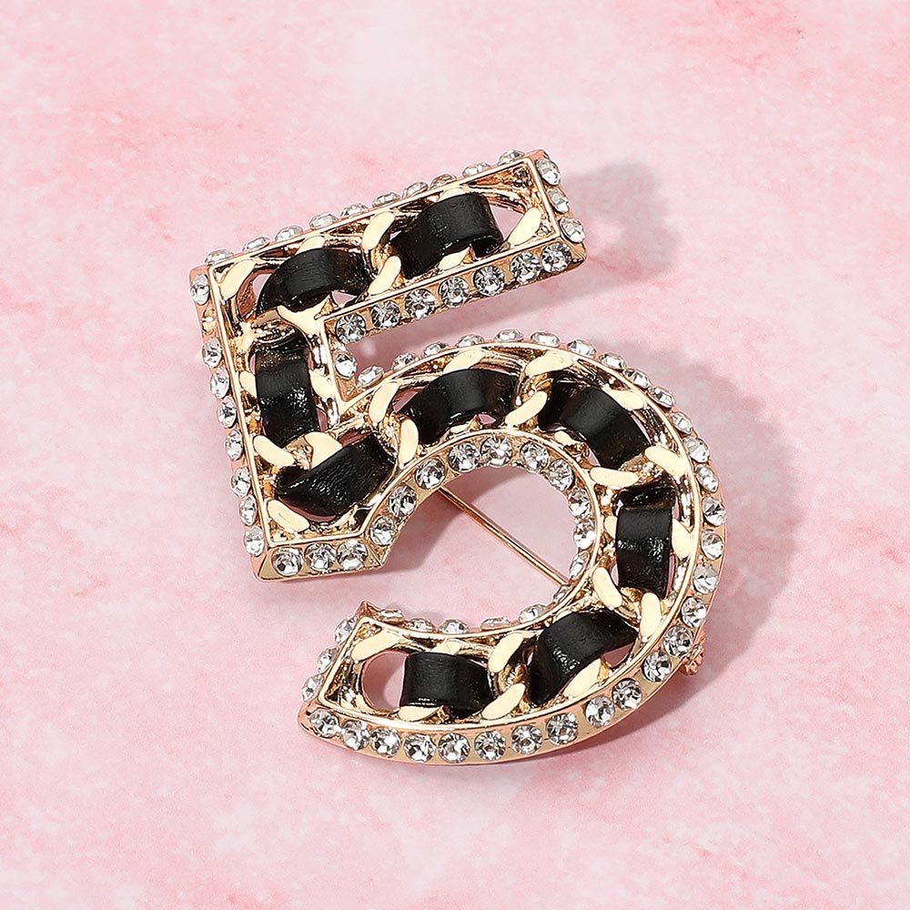 Madeline Love Black, Gold Rhinestone Rim Faux Leather Threaded Number Five Pin Brooch - Brooches