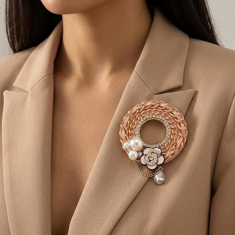 Madeline Love Gold, Pink Pearl Floral Number 5 Charm Chain Ring Pin Brooch
