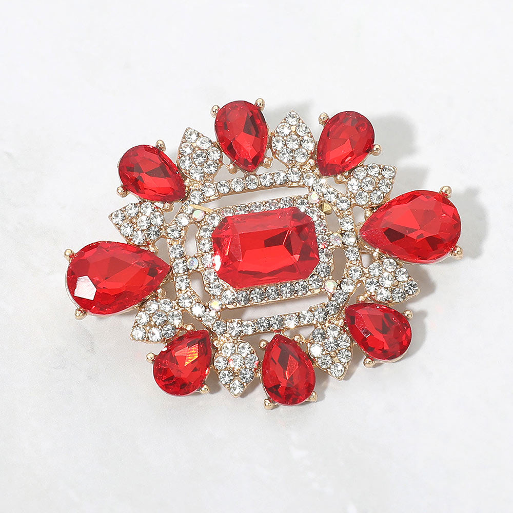 Madeline Love Gold, Red Ornate Teardrop Rectangle Stone Embellished Pin Brooch