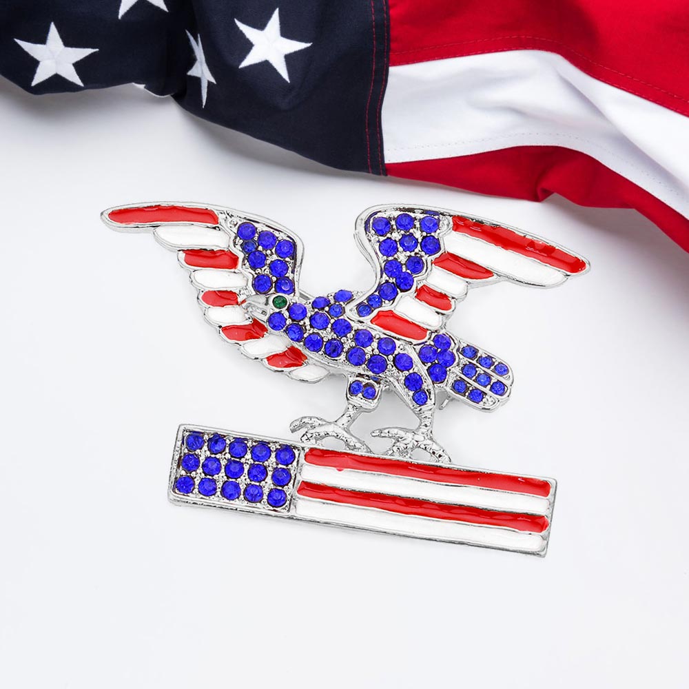 Madeline Love Silver Enamel American USA Flag Eagle Pin Brooch - Brooches