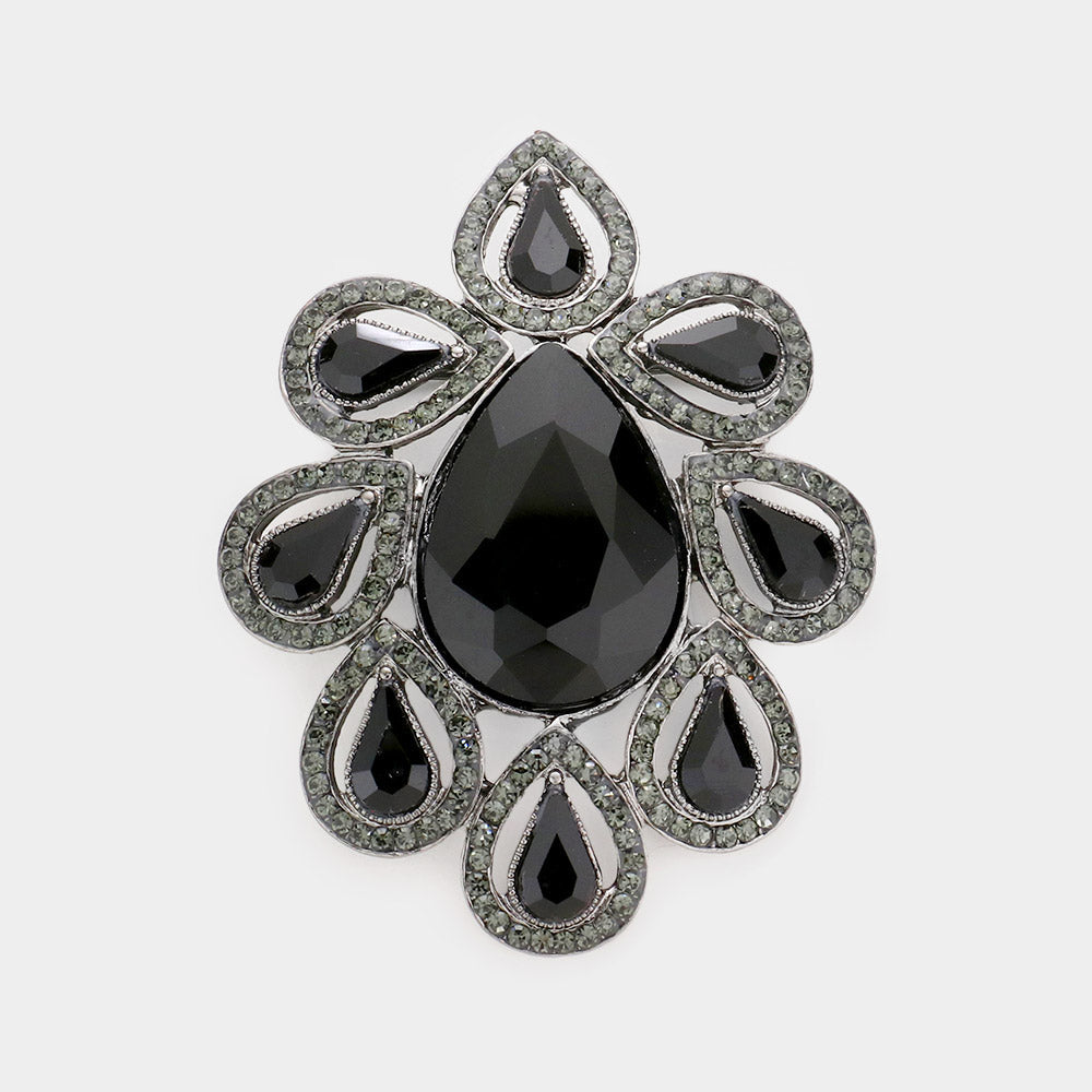 Madeline Love Black Teardrop Stone Accented Floral Pin Brooch