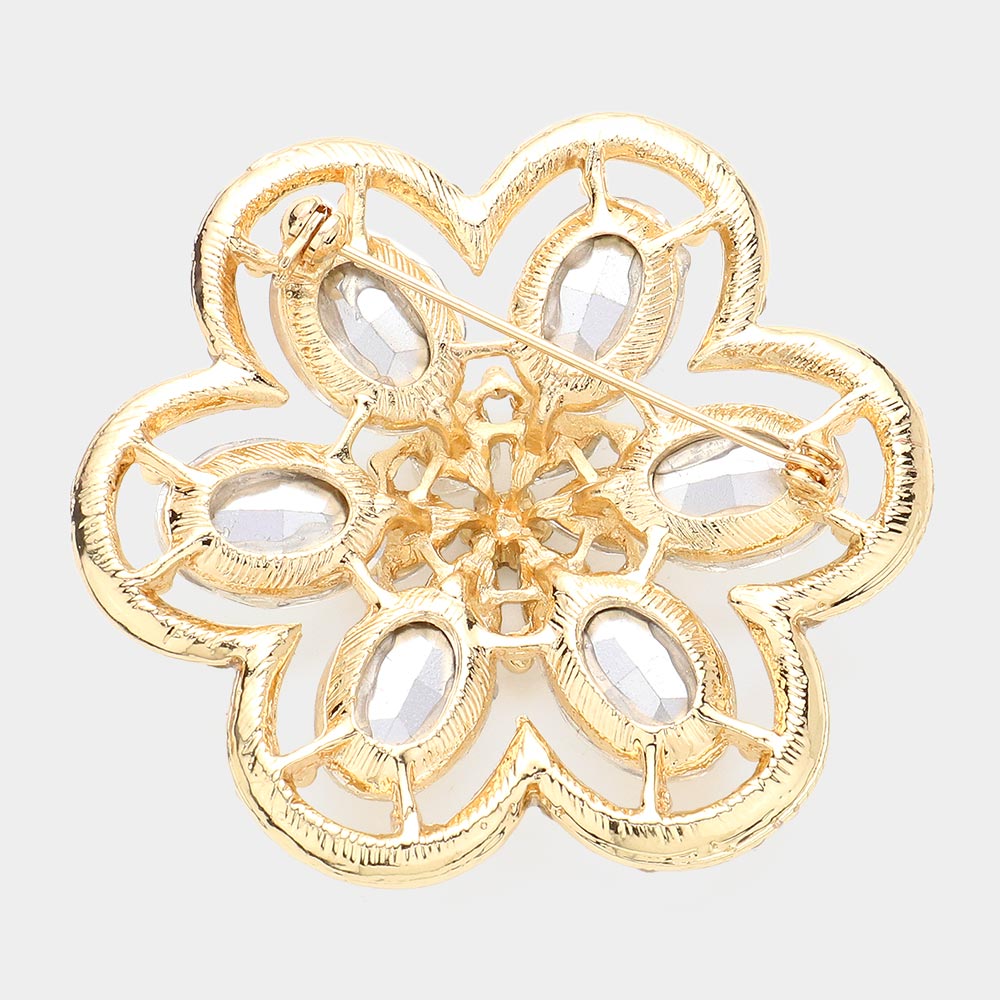 Madeline Love Pink&Green Oval Glass Stone Accented Rhinestone Paved Flower Pin Brooch - Brooches - desc