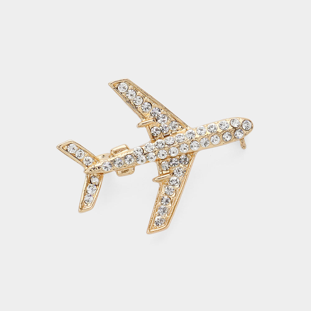 Madeline Love Clear, Gold Stone Paved Airplane Pin Brooch - Brooches