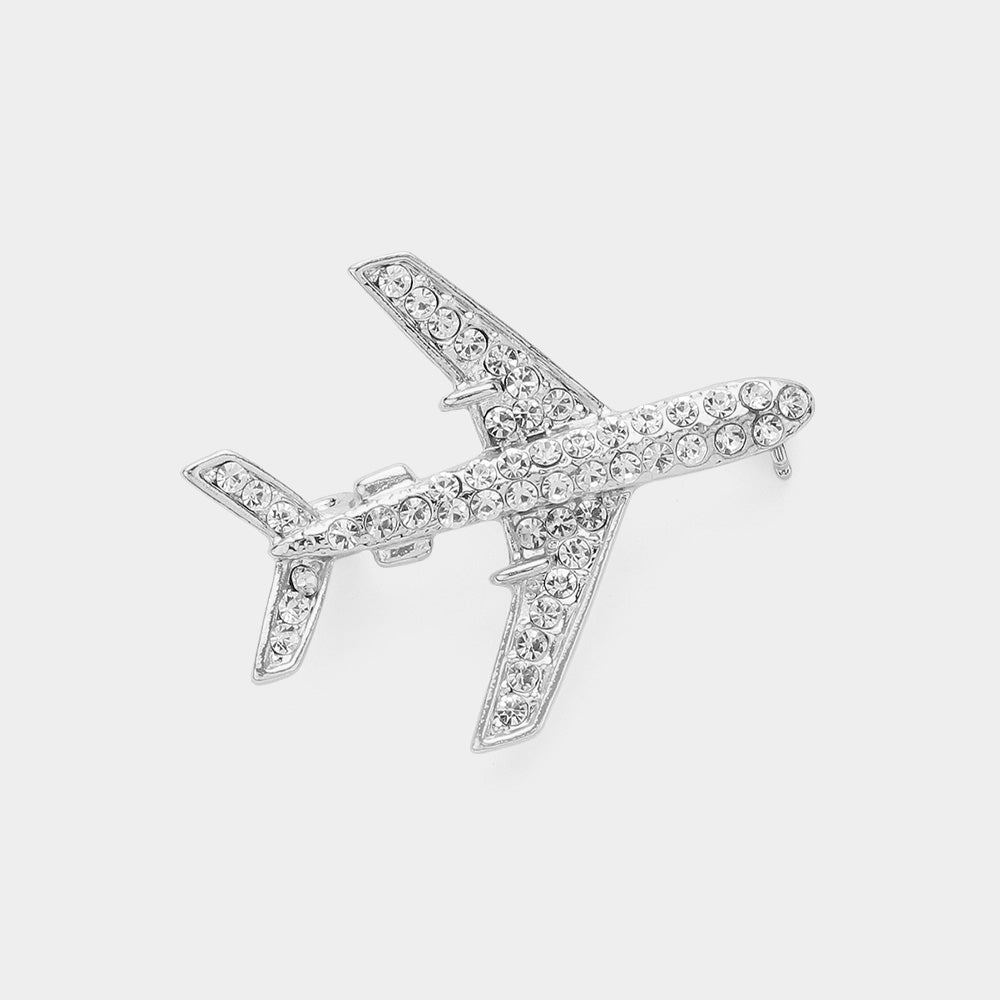 Madeline Love Clear, Silver Stone Paved Airplane Pin Brooch - Brooches