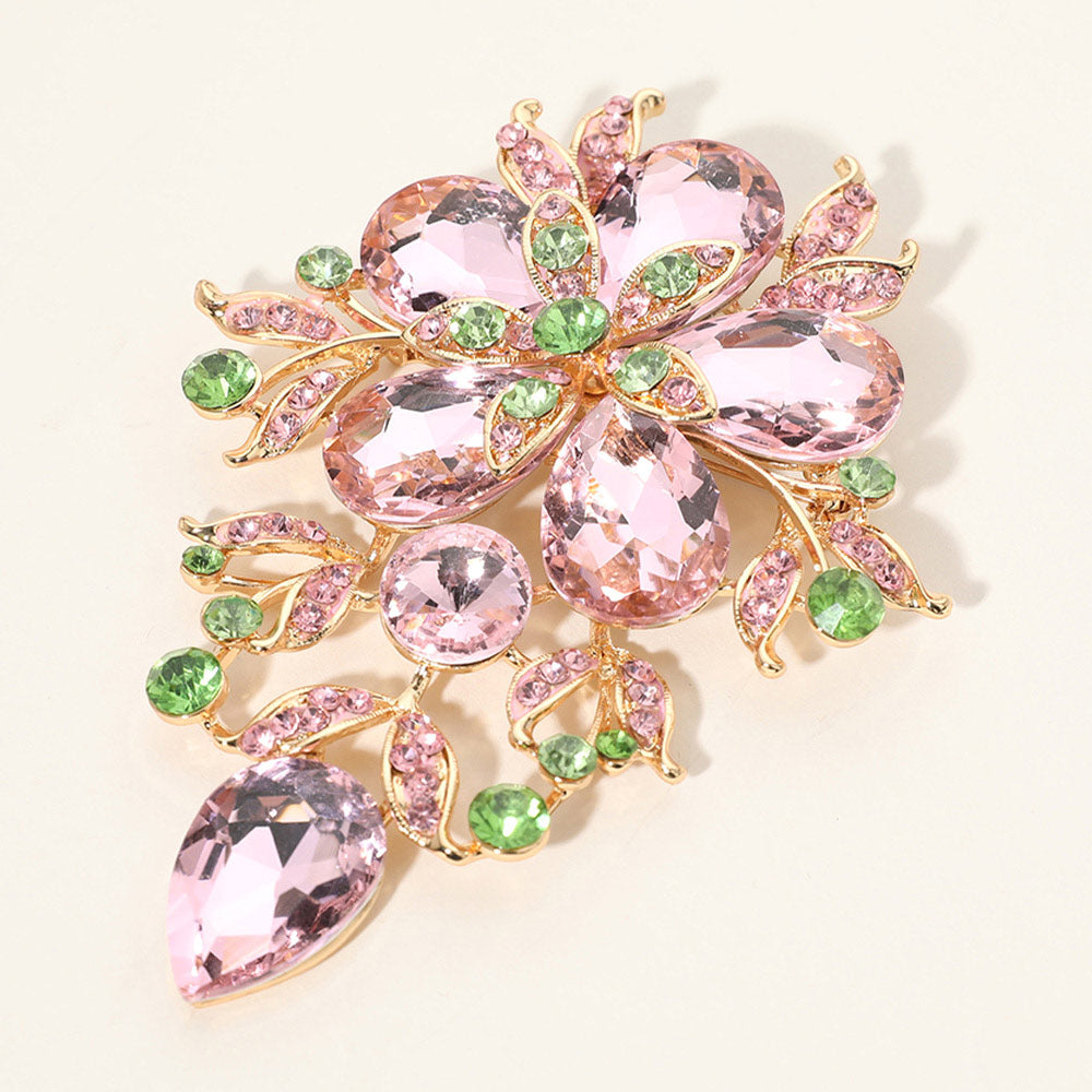 Madeline Love Pink&Green Flower Glass Stone Cluster Pin Brooch
