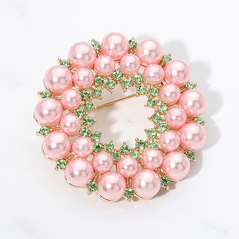 Madeline Love Gold, Pink&Green Pearl Crystal Circle Pin Brooch