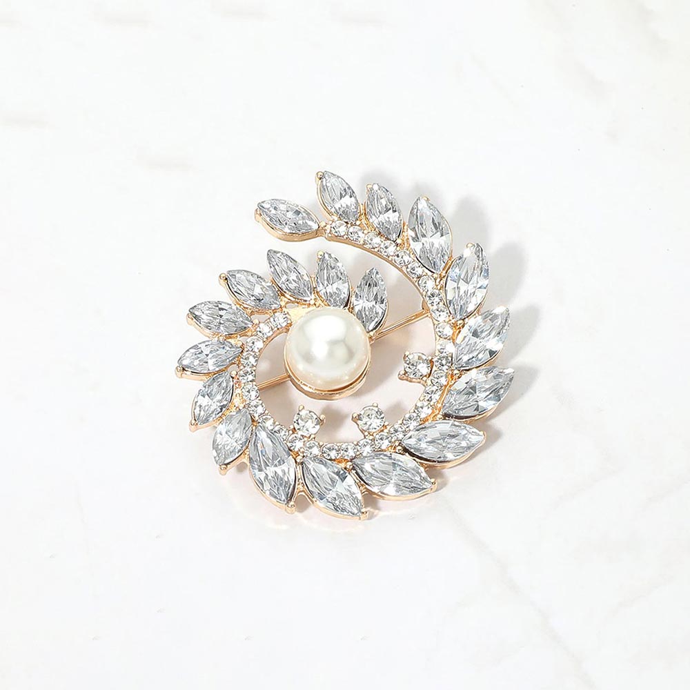 Madeline Love Gold Pearl Accent Marquise Stone Cluster Around Wreath Pin Brooch