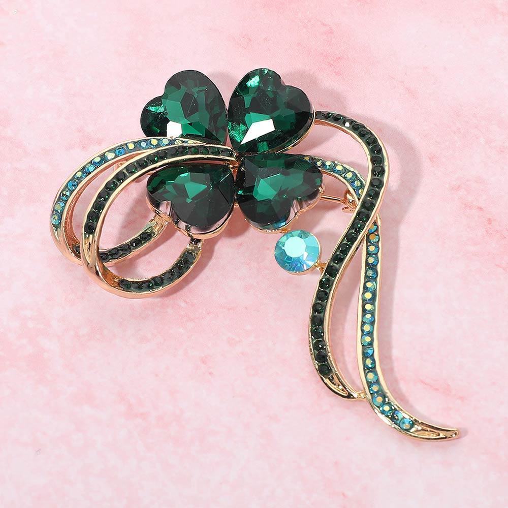 Madeline Love Emerald, Gold Clover Pin Brooch - Brooches