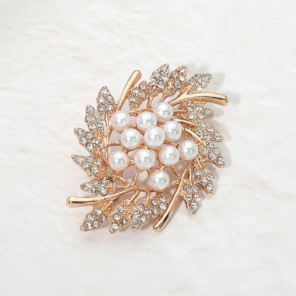 Madeline Love Gold Pearl Rhinestone Embellished Leaf Pin Brooch