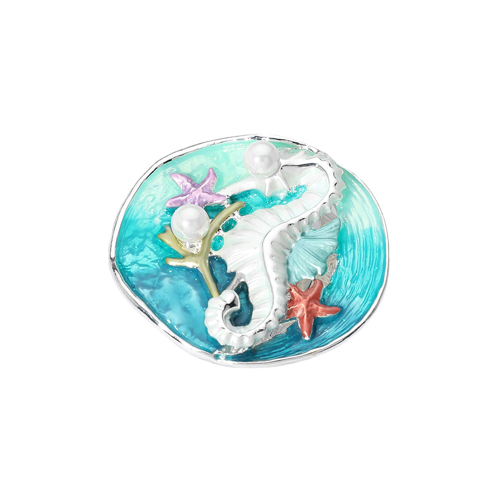Madeline Love Teal Colored Metal Seahorse Starfish Pearl Magnetic Brooch - Brooches - desc