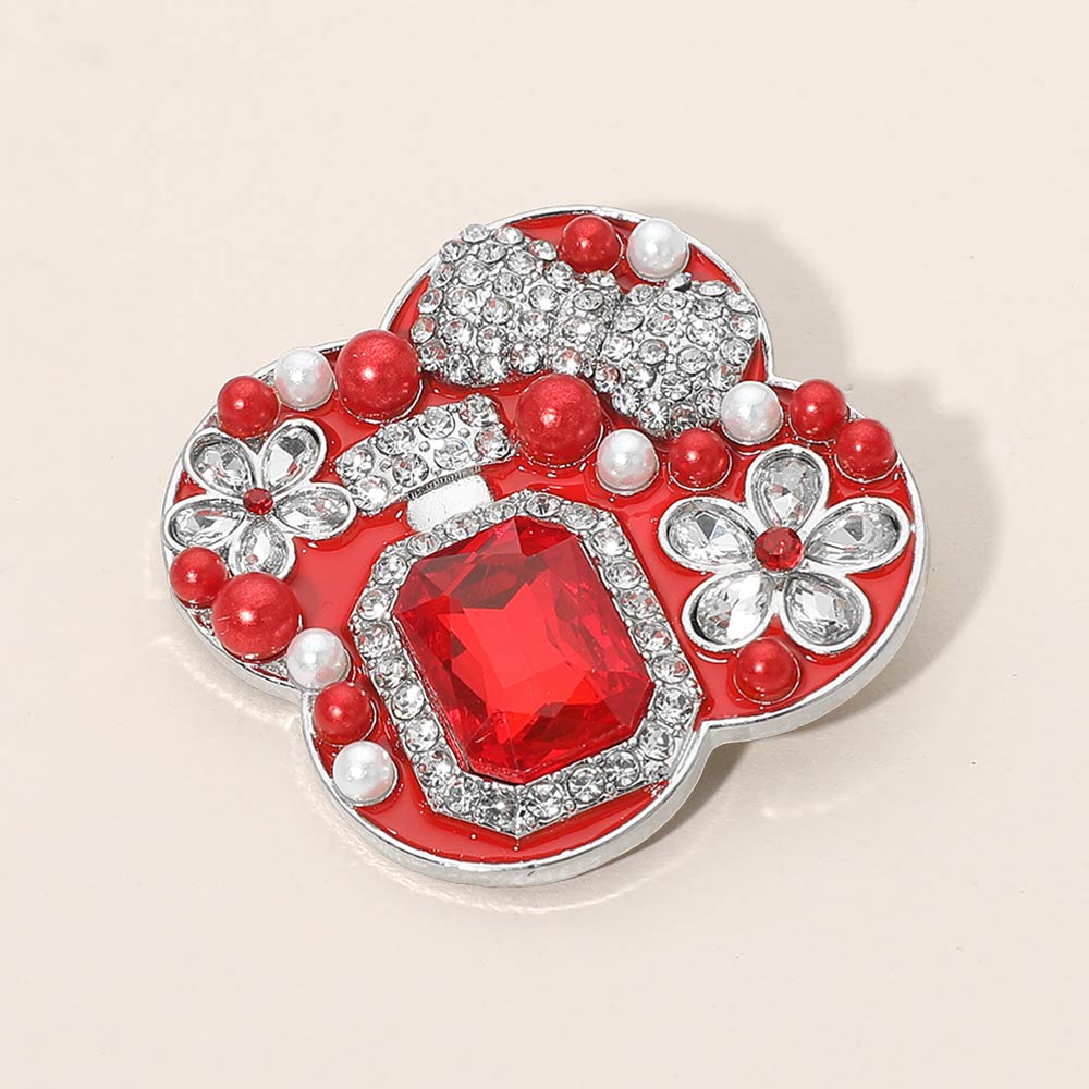 Madeline Love Red, Rhodium Floral Pearl Bow Embellished Pin Brooch - Brooches