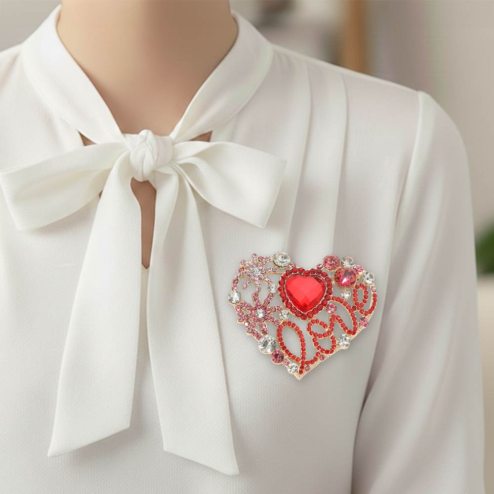 Madeline Love Gold, Red Rhinestone Embellished Heart Pin Brooch - Brooches