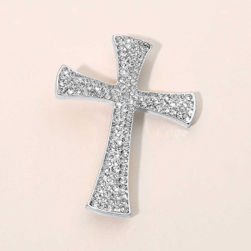Madeline Love Clear, Rhodium Rhinestone Pave Cross Pin Brooch