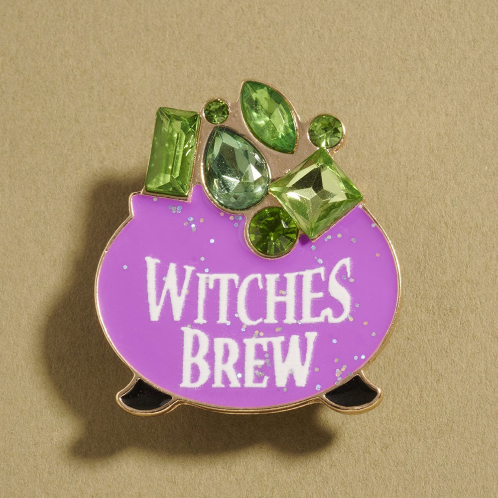 Purple Gem Stone Accent Halloween Witches Brew Cauldron Pin Brooch