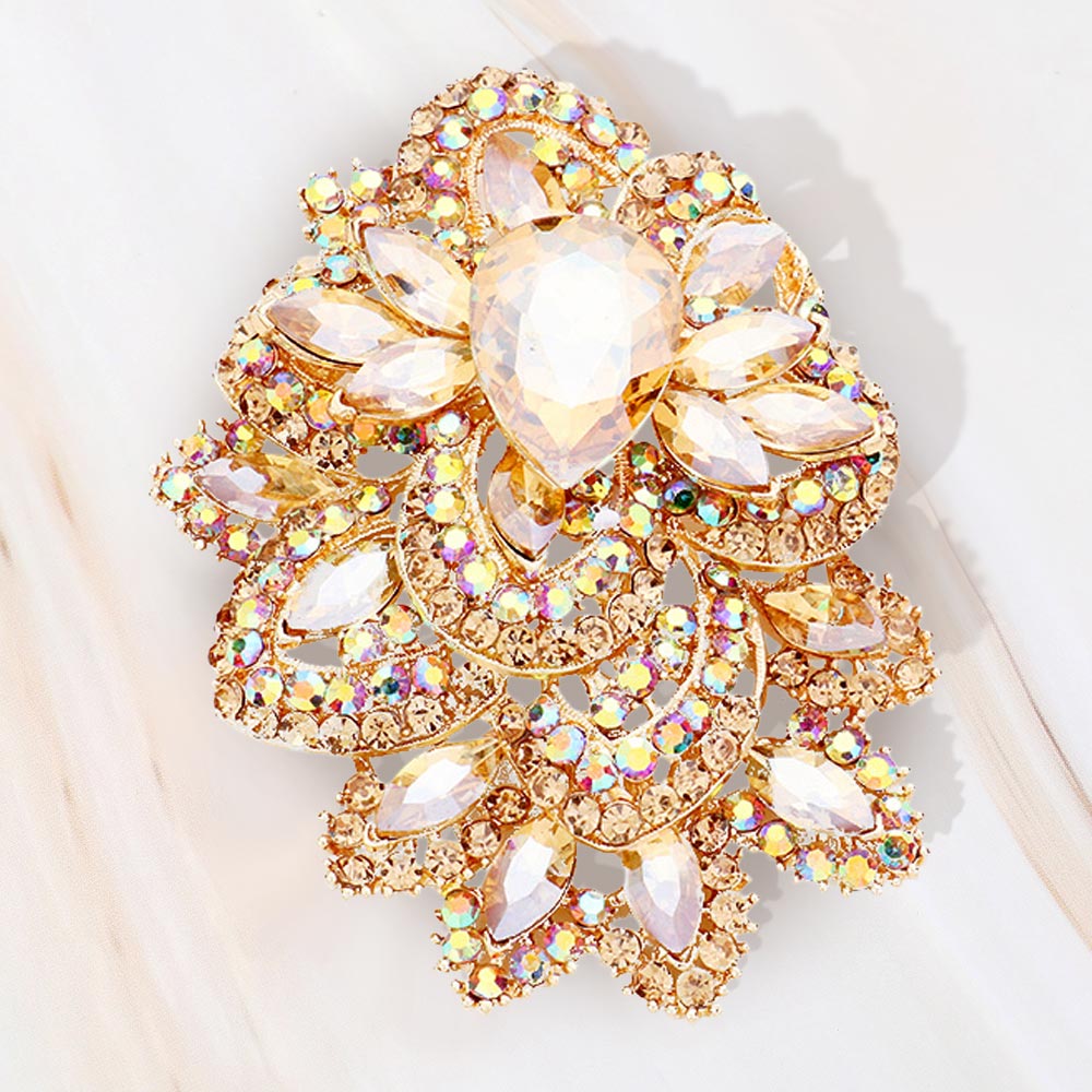Madeline Love Brown, Gold Crystal Pave Leaf Cluster Pin Brooch - Brooches