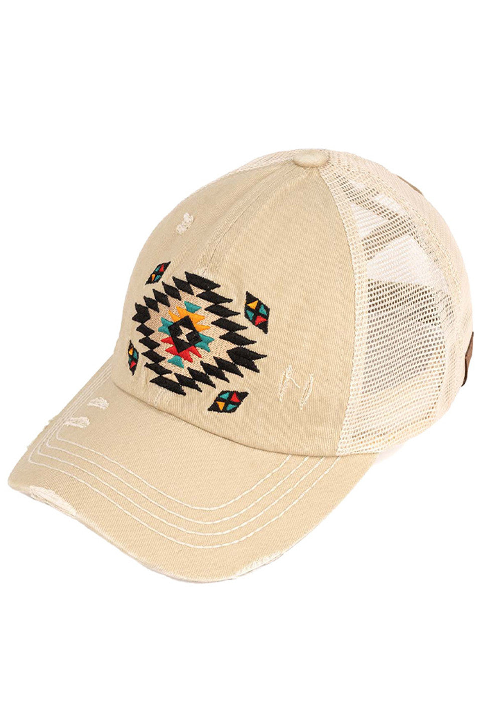Beige C.C AZTEC PATCH DISTRESSED PONY CAP is a stylish and versatile accessory that combines functionality with fashion. Made of high-quality materials, it features an eye-catching aztec patch design and a distressed finish for a trendy look. Stay protected from the sun and add a touch of personality to your outfit with this must-have cap.