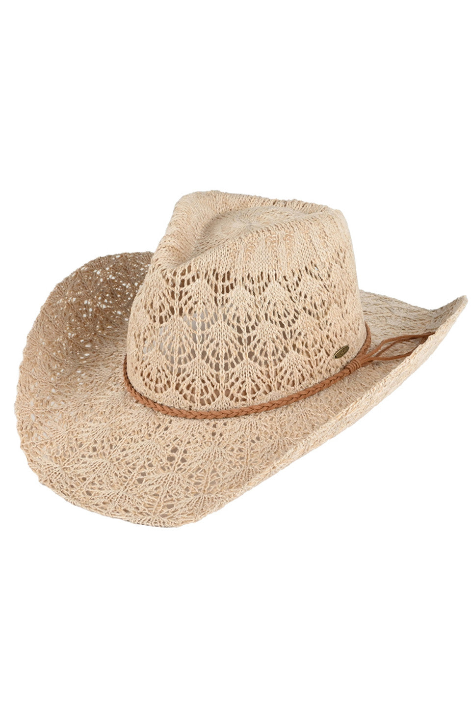 Beige C.C. Horseshoe Lace Knitting Cowboy Hat is expertly crafted with intricate lace details and a classic western design. Made with high-quality materials, it offers both style and functionality, perfect for any outdoor adventure. Keep the sun out of your eyes while adding a touch of elegance to your outfit.