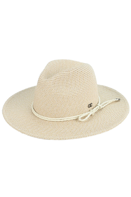 Beige C.C Leather String Rope Band Paper Panama Hat features a durable leather string rope band and is made of high-quality paper material. Perfect for a stylish yet practical accessory to protect from the sun's harmful rays. Expertly crafted, this hat showcases intricate details and is designed to last.