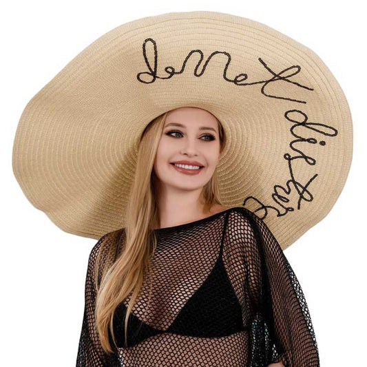 Beige Do Not Disturb Message Wide Brim Straw Sun Hat, Don't let anyone interrupt your sunny day vibes with this hat. With its wide brim and sturdy straw material, it's perfect for keeping you cool and protected from the sun. Plus, the playful message adds a touch of whimsy to your look. No interruptions allowed!