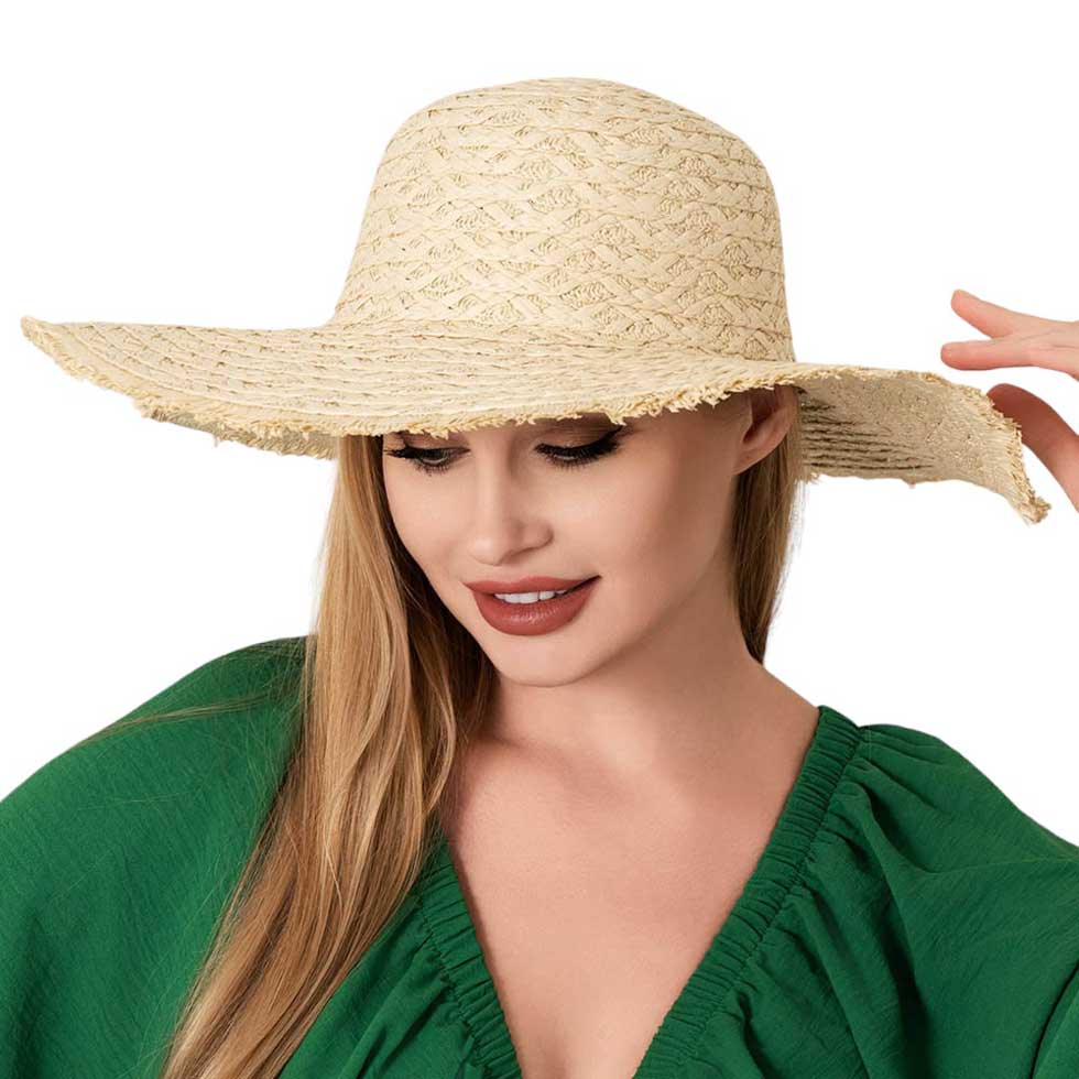Beige Frayed Edged Straw Sun Hat. Made from durable straw material with a frayed edge design, this hat not only offers maximum sun protection but also adds a stylish touch to your summer look. Stay cool and fashionable all season long. Perfect for a sunny day outdoor wear, or a sun protection gift for your loved one.