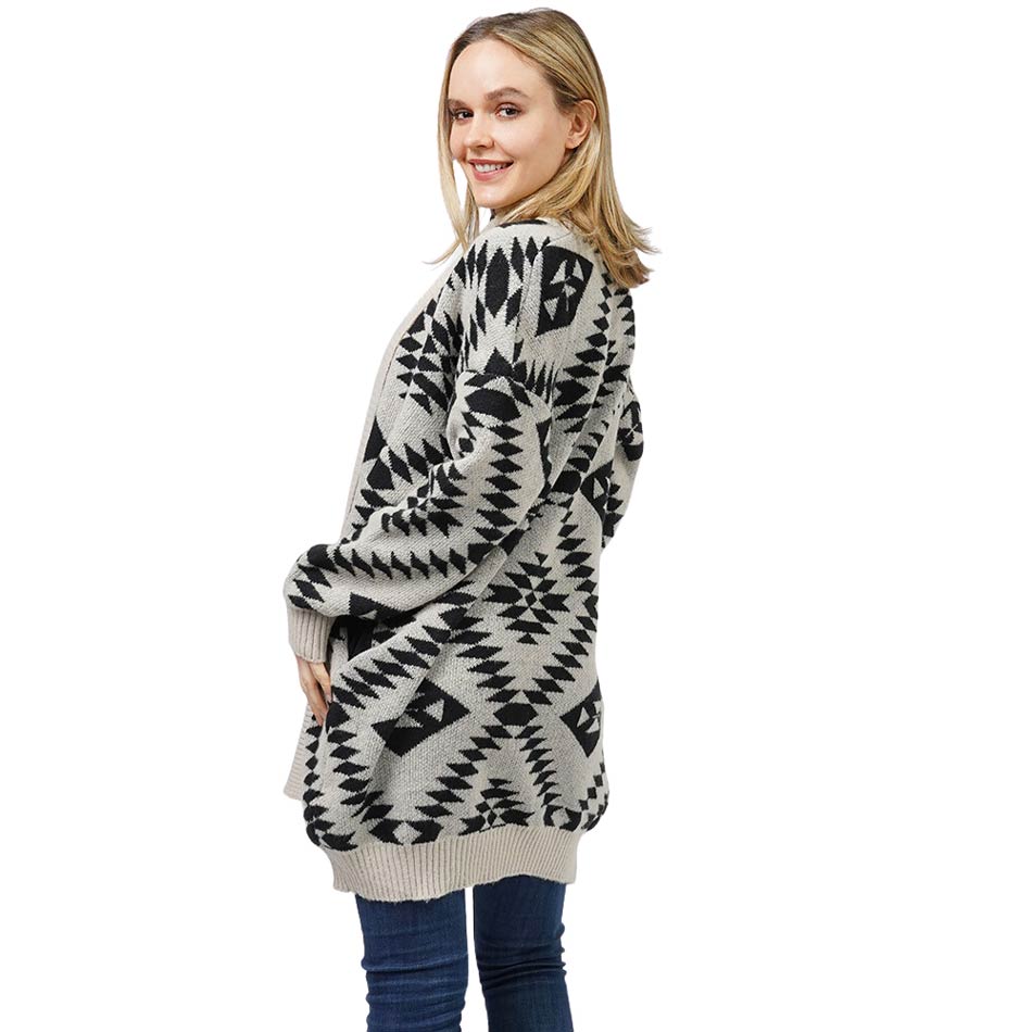 Beige Gorgeous Aztec Patterned Sweater Cardigan, delicate, warm, on-trend & fabulous, a luxe addition to any cold-weather ensemble. Great for daily wear in the cold winter to protect you against the chill, classic infinity-style sweater & amps up. Perfect Gift for wife, mom, birthday, holiday, etc.