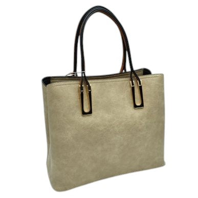 Beige Solid Faux Leather Tote Bag Shoulder Bag, is perfect for the modern woman. Crafted with genuine faux leather, this stylish bag is durable, light, and spacious, and with adjustable straps, it is perfect for everyday use. Its sleek design will have you turning heads wherever you go.