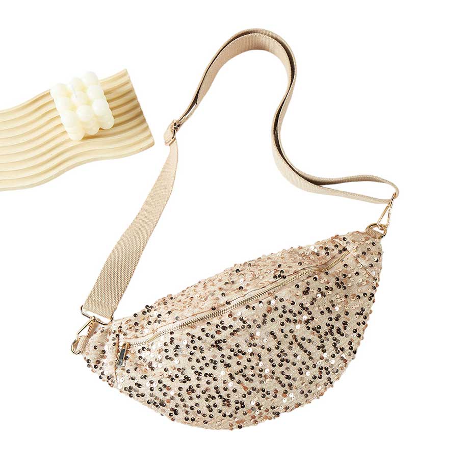 Beige Sparkle Sequin Solid Sling Bag Fanny Pack Belt Bag, make yourself stand out & be the ultimate fashionista while carrying this beautiful straw sling bag. Great for when you need something small to carry in your bag. perfect for money, credit cards, keys or coins, and many more things. Stay comfortable and trendy.