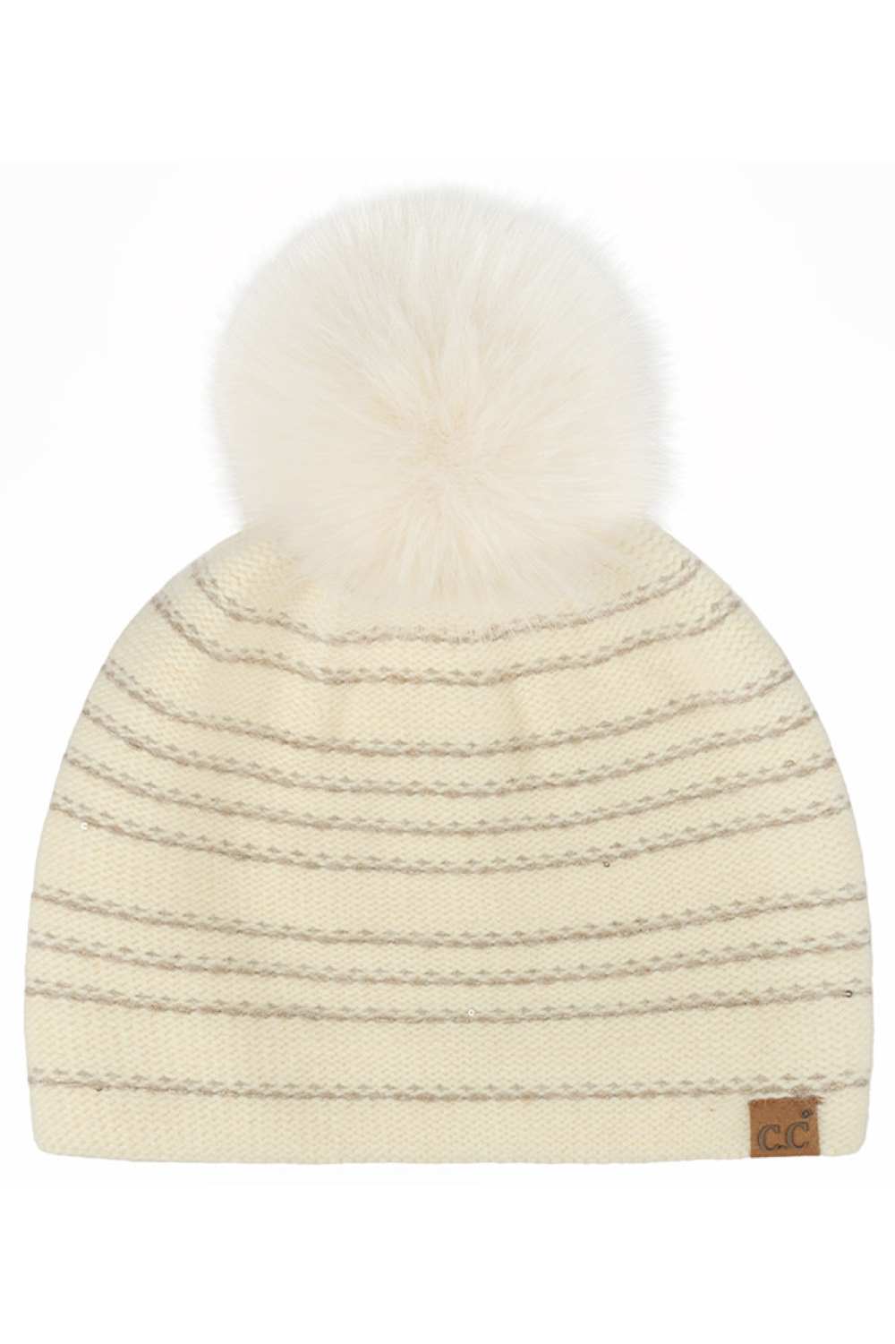 Beige C.C Stripe Stitches with Sequin Angora Pom Beanie Winter Hat features cozy stripe stitching with shimmering sequin details and a fluffy angora pom for a chic winter-ready look. Designed with a soft stretch fit, it delivers warmth and comfort while adding a touch of sparkle to cold-weather outfits.