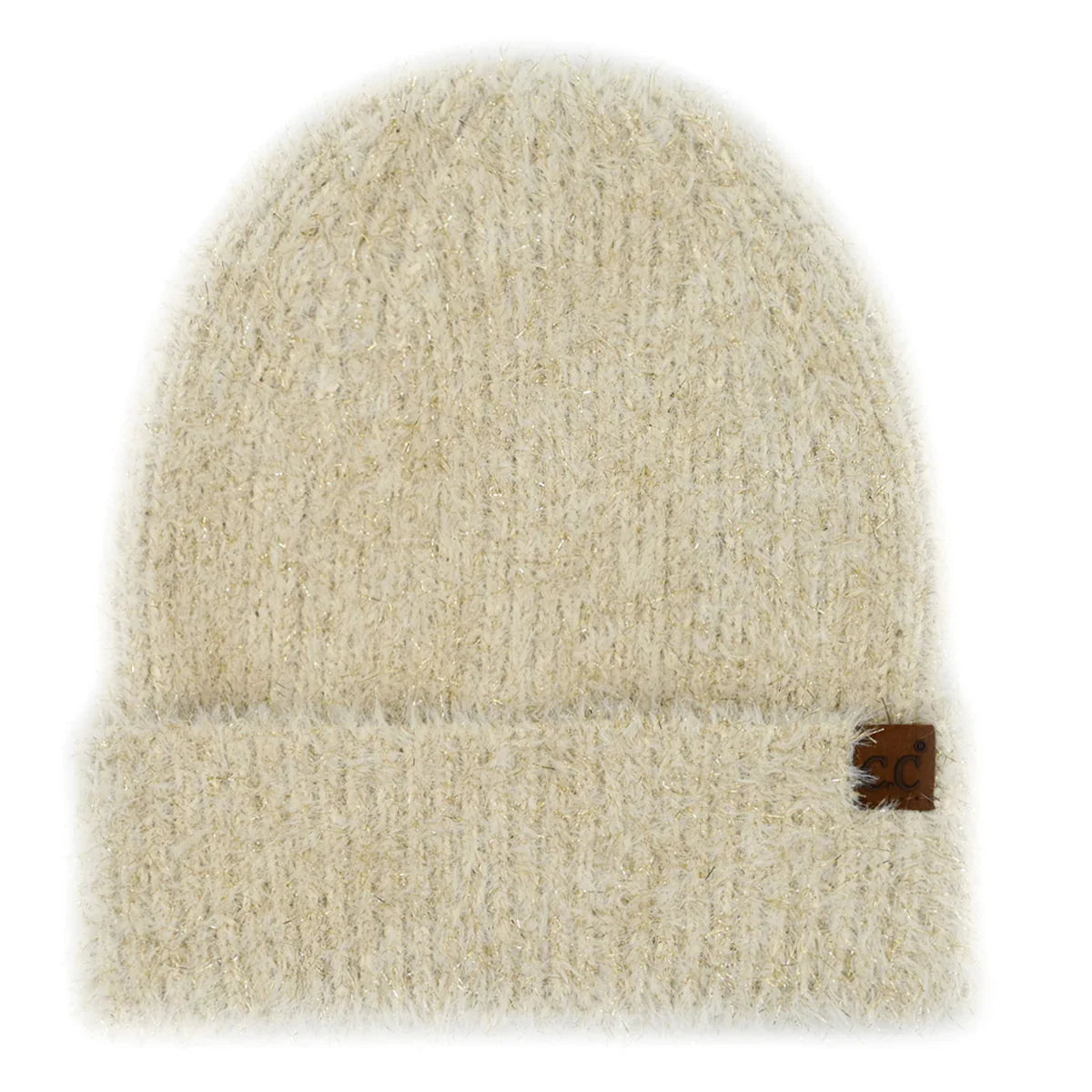 Beige_Wrap yourself in chic charm with the C.C Metallic Eyelash Cuff Solid Beanie. This beanie shimmers with metallic accents and features a playful eyelash cuff detail. Perfect for adding a touch of glamour to your everyday style, this beanie is a must-have accessory for chilly days or as a gift to your fashionable friends. Elevate your look effortlessly and stay cozy in style.