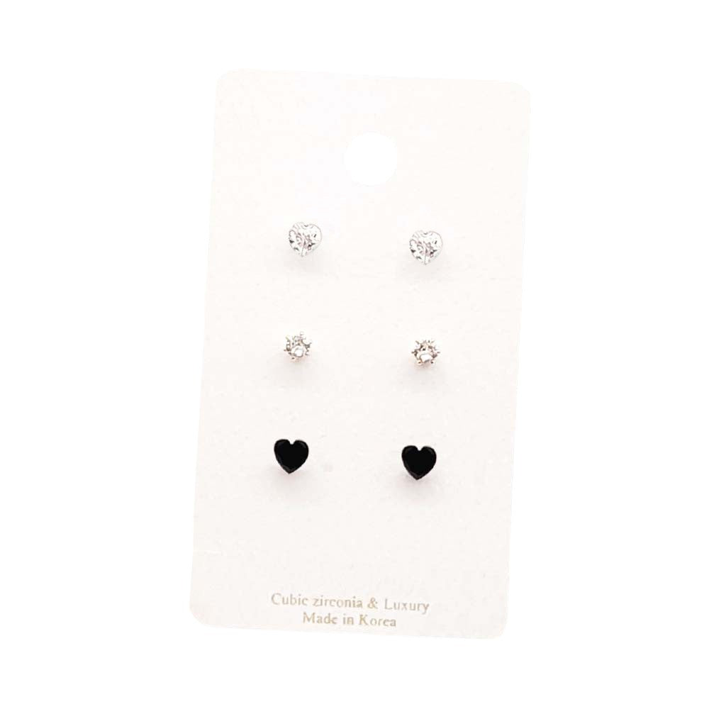 Black 3 pairs of CZ heart round stud earrings provide a timeless and elegant accessory for any outfit. Featuring high-quality cubic zirconia stones, they offer a dazzling sparkle that will elevate your look. With a classic and versatile design, these earrings are the perfect addition to any jewelry collection.