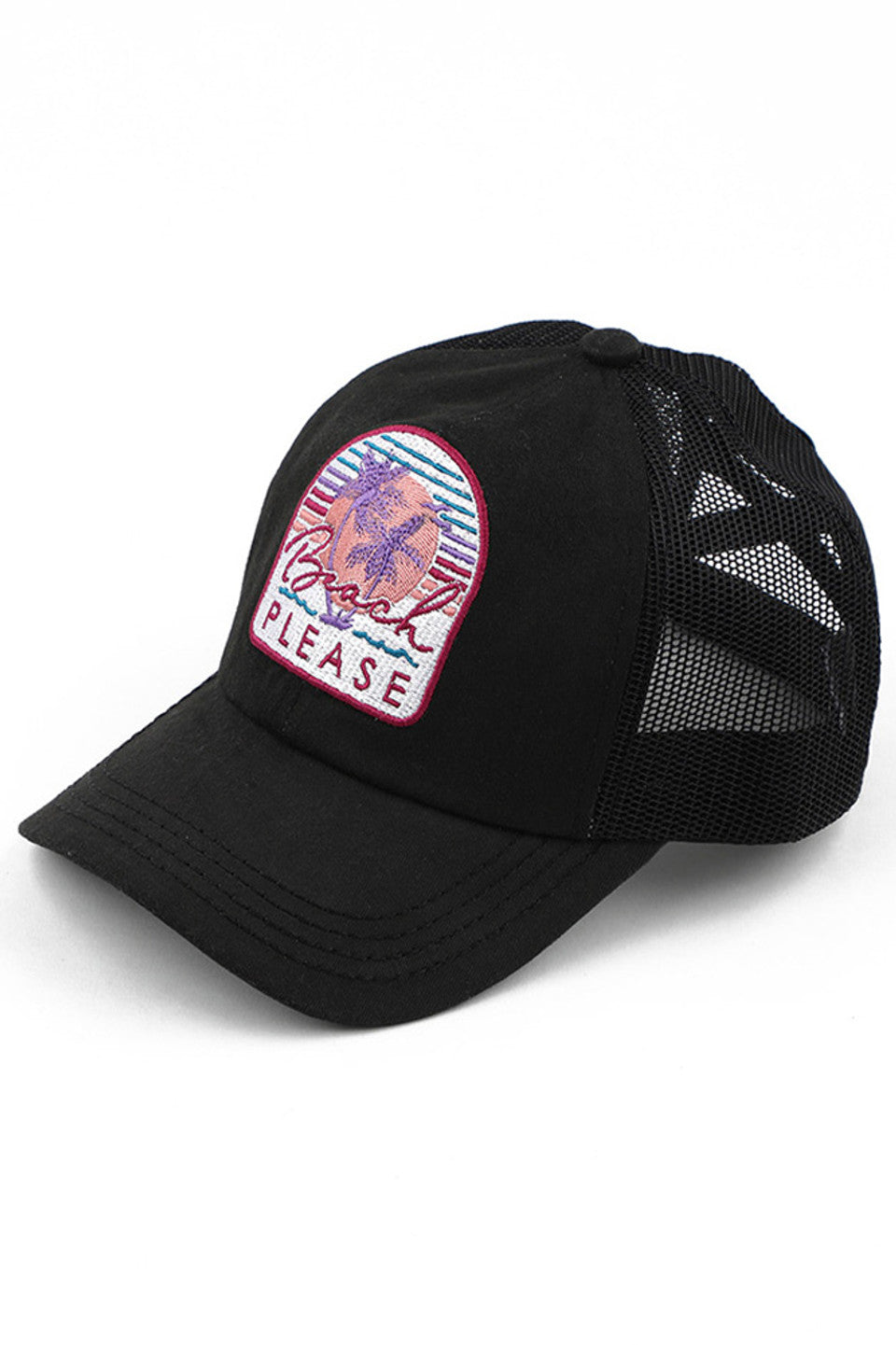 Black C.C BEACH PLEASE CRISS CROSS PONY CAP is your ultimate beach companion. The crisscross design adds a stylish touch to this versatile cap, perfect for keeping your ponytail in place while enjoying your day in the sun. Made with high-quality materials, this cap provides a snug fit for all-day comfort.