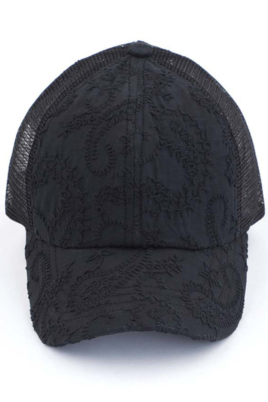 Black C.C FANCY EMBROIDERY STITCH CRISS CROSS PONYCAP is expertly crafted with intricate embroidery and a unique criss cross design. It provides both fashion and function, keeping the sun out of your eyes while adding a stylish touch to your outfit.
