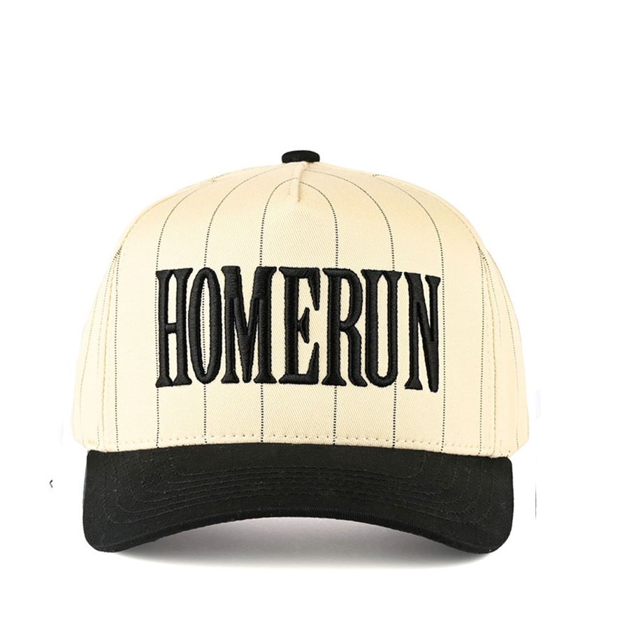 Black Score major style points with the C.C HOME RUN two-tone trucker hat, featuring embroidered lettering and a bold stripe pattern that capture true baseball spirit. Finished with a classic baseball cap silhouette and breathable mesh back, it delivers lightweight comfort and an effortlessly sporty look for everyday wear.